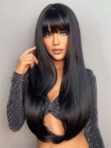 black wig with bangs long|long synthetic wigs with bangs.